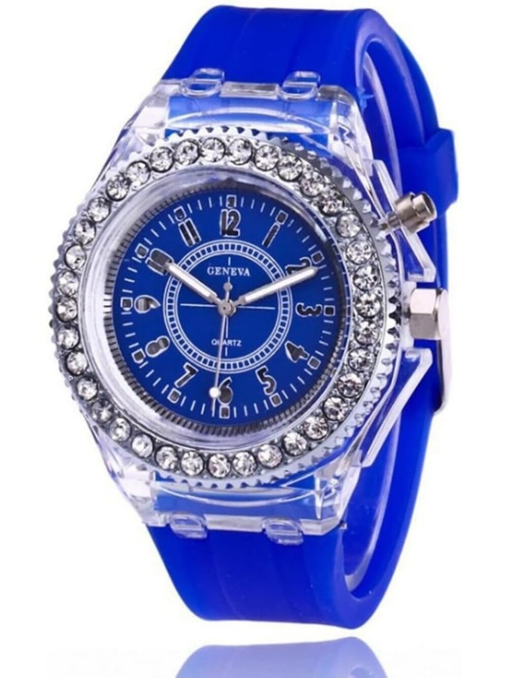 Women's Dark Blue Analog Silicone Bling Luminous Lights Sport Square Wrist Watch